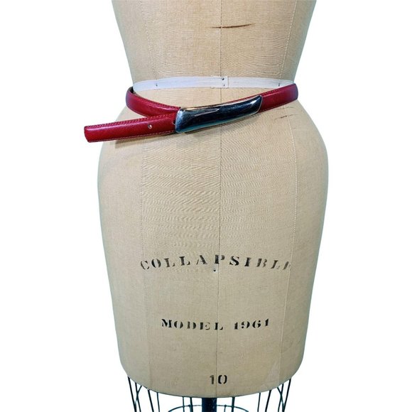 Vintage 1980s Red Leather Belt Silver Buckle Rayman Ridles | W 25-29" - Picture 5 of 8